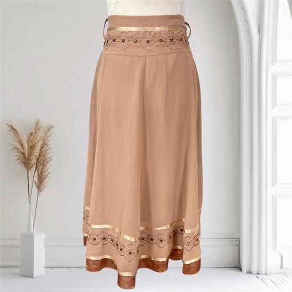 Whimsical Fairy Cottage Core Satin Mesh Embroidered Beaded Midi Maxi Skirt XL - Picture 1 of 8